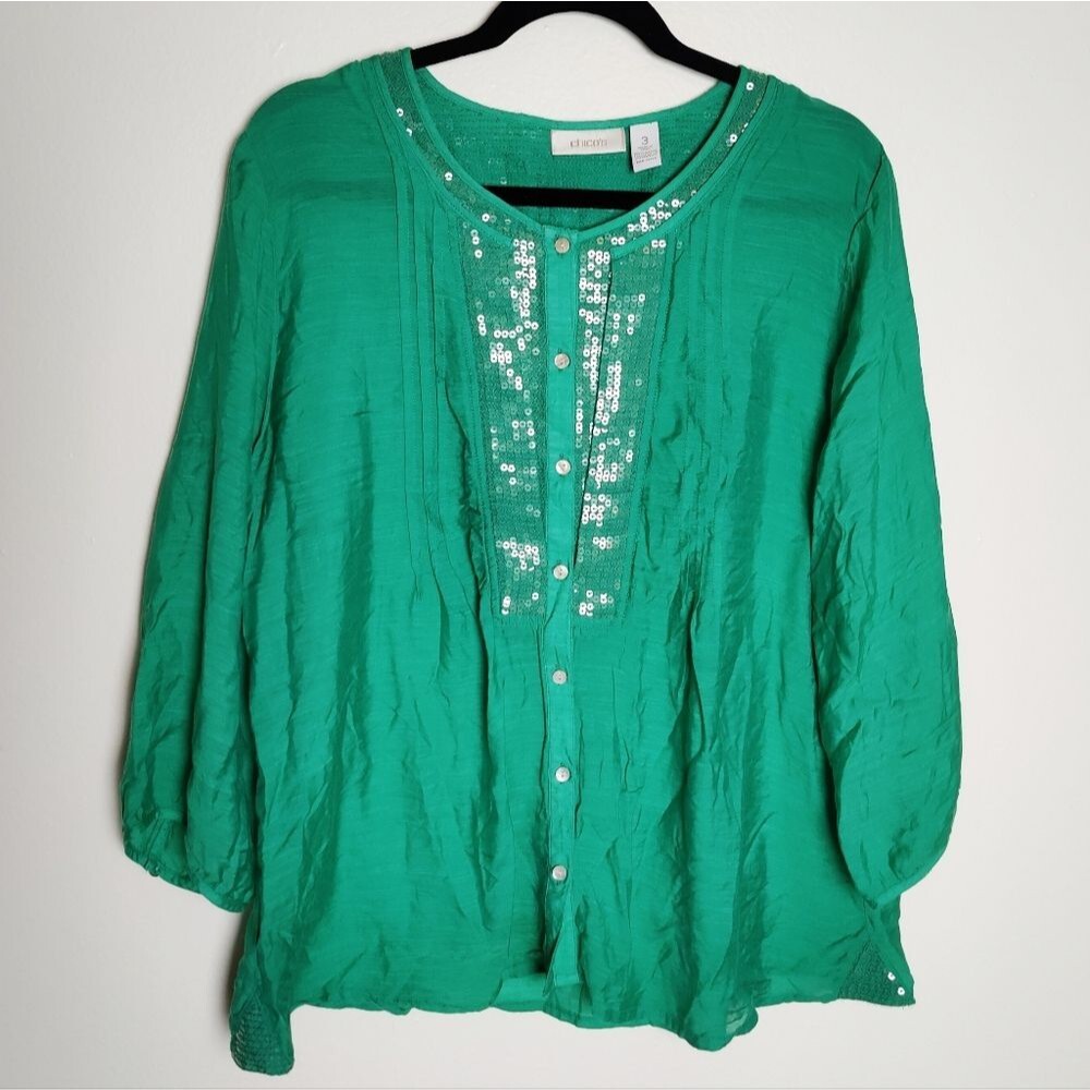 Chicos Classic Blouse w Sequin Detail, Emerald Green, Size 3 (XL)
